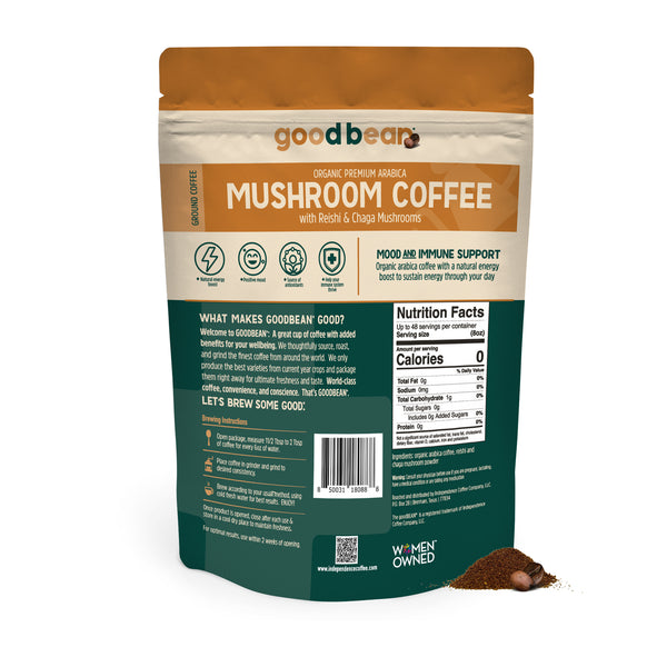 goodBean Mood and Immune Support Ground Coffee, Organic Arabica Coffee with Reishi & Chaga Mushrooms