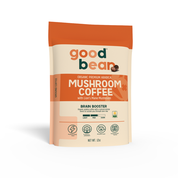 goodBean Brain Booster Ground Coffee, Organic Arabica Coffee with Lions Mane Mushrooms